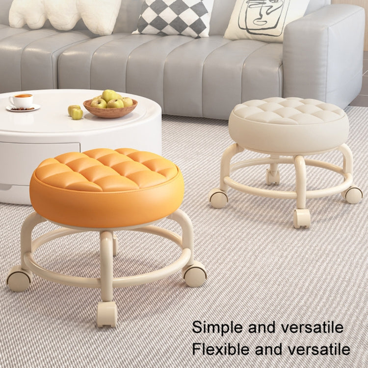 Multi Functional Round Stool Suitable For Multiple Scenarios Portable Wheel Rotation Movement And Detachable Leather Sofa Cushion Upgraded Double-Layer Frame Structure Stable Household Small Round Stool