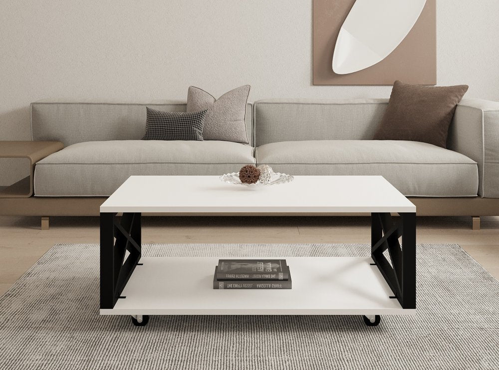 MFurn Modern Black Coffee Table – Metal Frame with Marble Effect Top