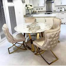 Windsor Round White And Gold Marble Dining Table Set And 4 Dining Chairs