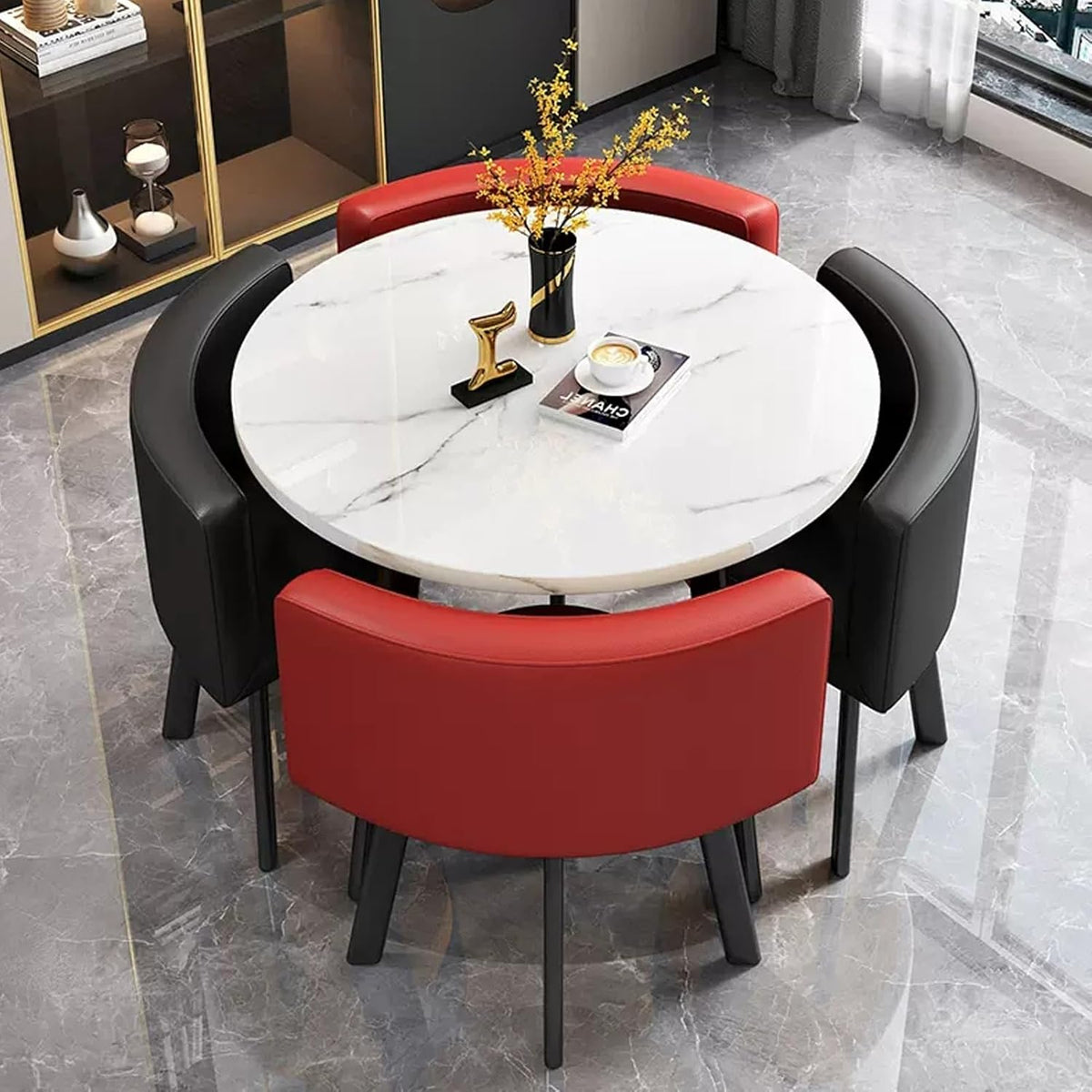 MFurn Modern Nordic Round Dining Table Set – 5pc Marble Look MDF Table with 4 PU Leather Chairs