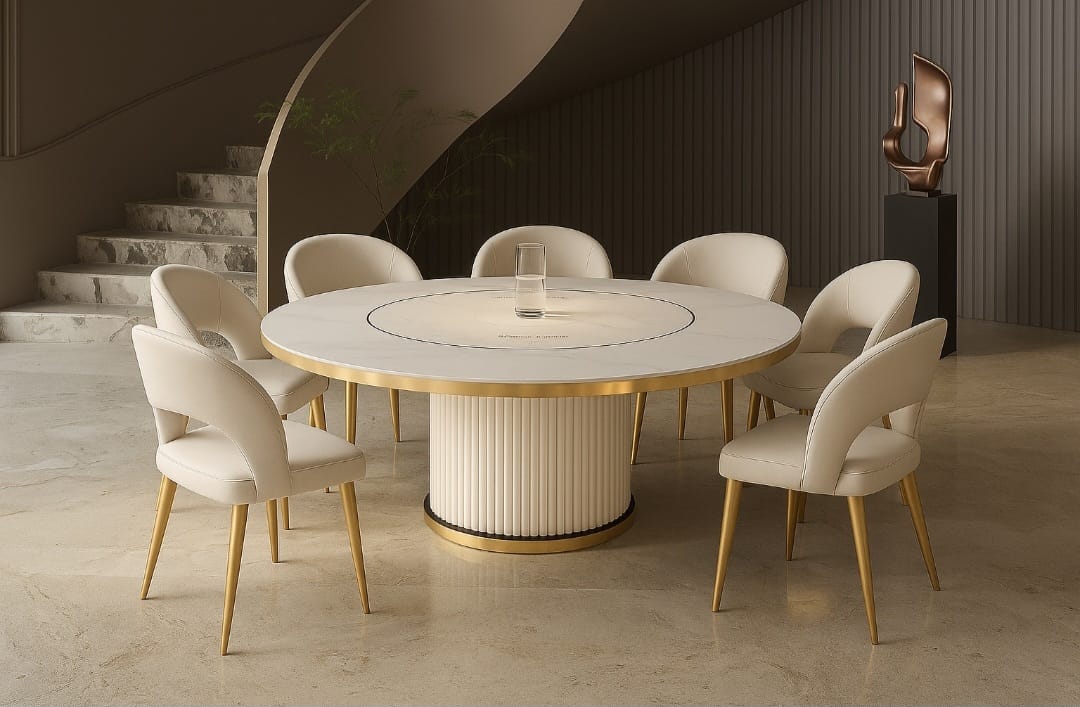 Round fluted dining set white and gold
