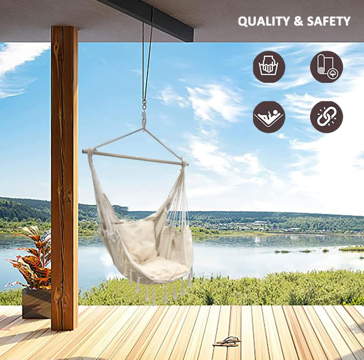 Hammock Chair Swing Removable Support Rod, Hanging Hardware Kit, with Side Pockets for Indoor and Outdoor Home Bedroom