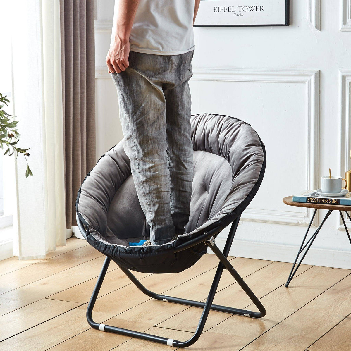 MFurn Folding Moon Chair Velvet Saucer Chair Various Colours