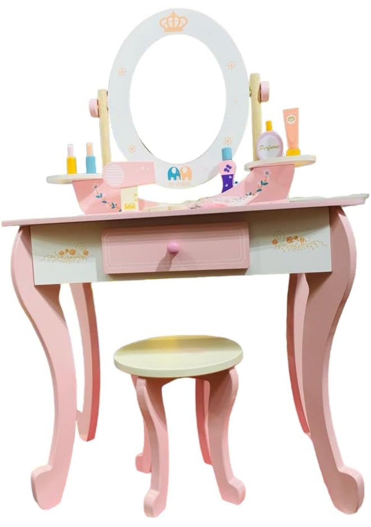 Generic Toddler Fantasy Vanity Beauty Dresser Table Play Set with Chair, Fashion & Makeup Accessories for Kid and Pretend Play, Toy,Wooden Dressing Table And Stools, Dresser Table,3,4,5 Age Kids (PINK)