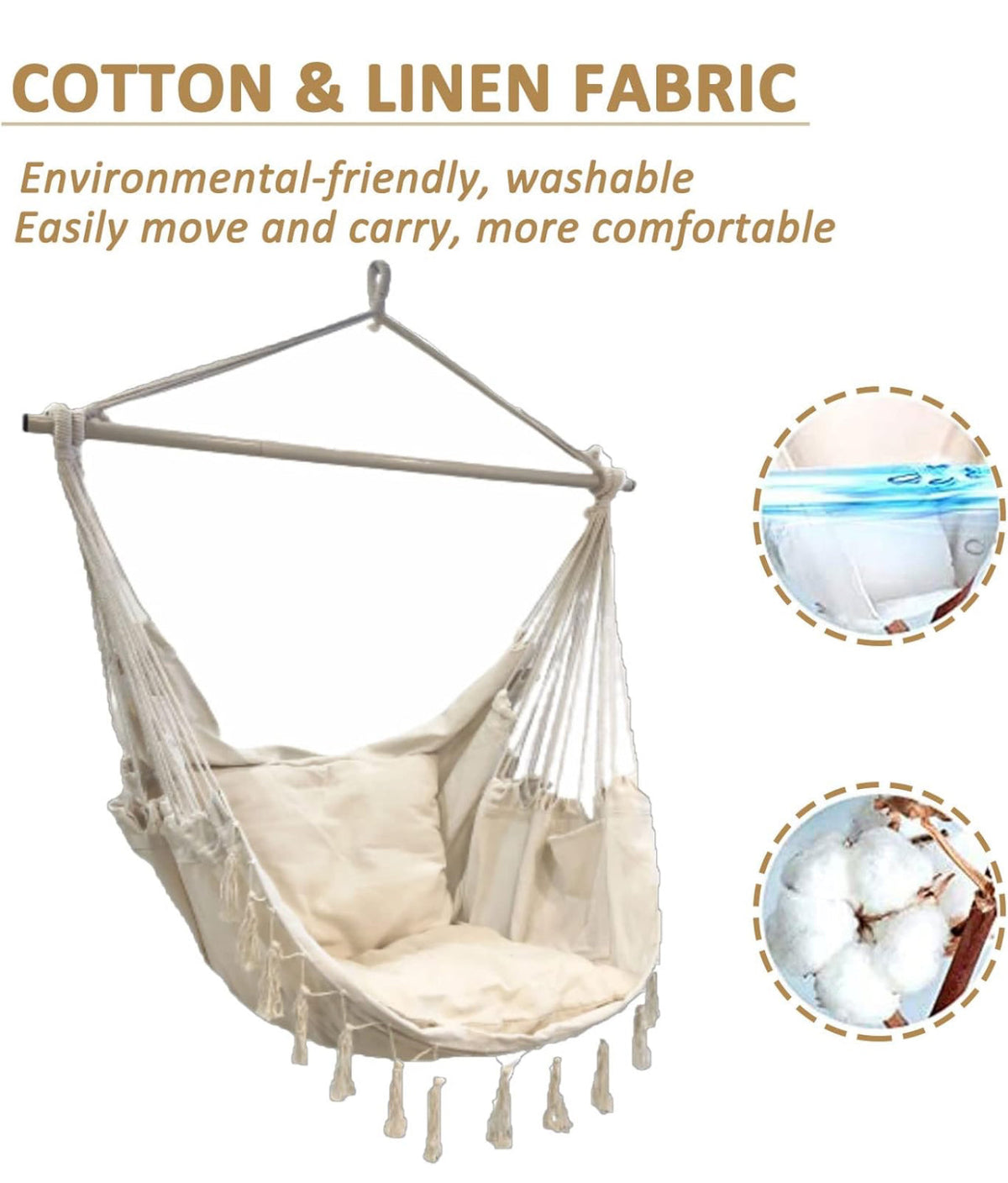 Hammock Chair Swing Removable Support Rod, Hanging Hardware Kit, with Side Pockets for Indoor and Outdoor Home Bedroom