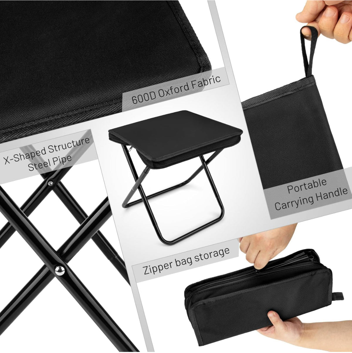 Portable Folding Camping Stool, Lightweight Zipper Packed Folding Chair, Lightweight Camp Stool for Outdoor, Backpacking, Travel, Hiking, Fishing (Black