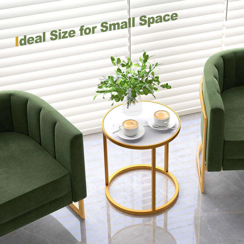 MFurn Marble Top Round Side Table End Table with Golden Metal Frame-Set of 2