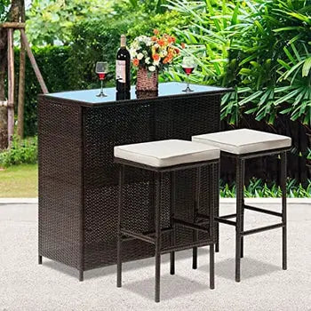 MFurn Cassy 3pc Wicker Outdoor Patio Bar Set with Glass Top & Cushions