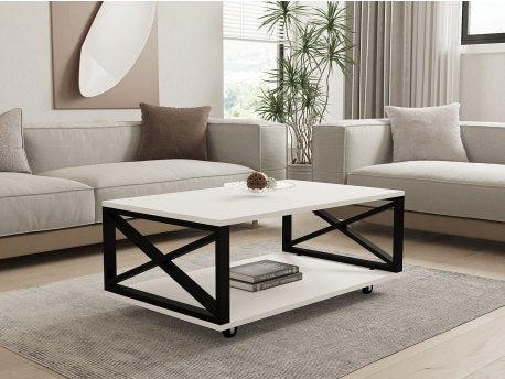 MFurn Modern Black Coffee Table – Metal Frame with Marble Effect Top