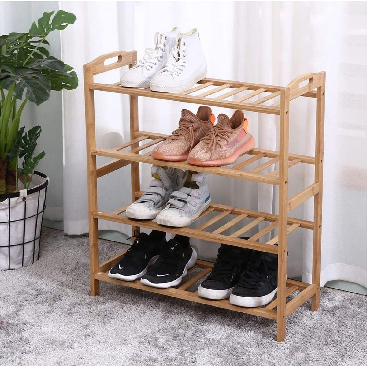 Bamboo Wood Storage / Shoe Rack With 4 Tier 12 Pairs Shoe Shelf Storage Organizer