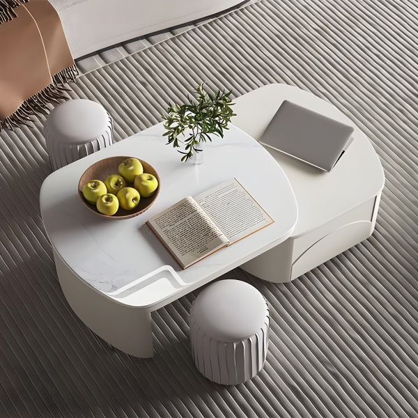 MFurn  Extendable Coffee Table for Living Room,with 2 Storage Stools and 2 Drawers, White.