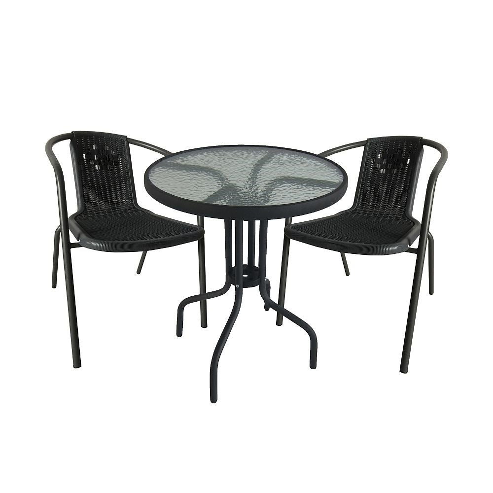 MFurn Bistro 3 Piece Outdoor Wicker Set With Glass Top Table - Various Colours