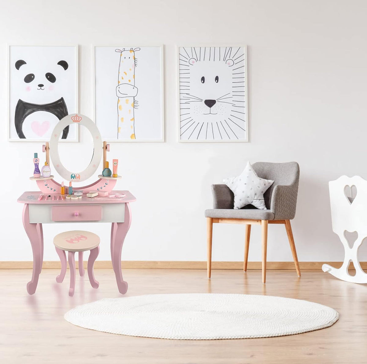 Generic Toddler Fantasy Vanity Beauty Dresser Table Play Set with Chair, Fashion & Makeup Accessories for Kid and Pretend Play, Toy,Wooden Dressing Table And Stools, Dresser Table,3,4,5 Age Kids (PINK)