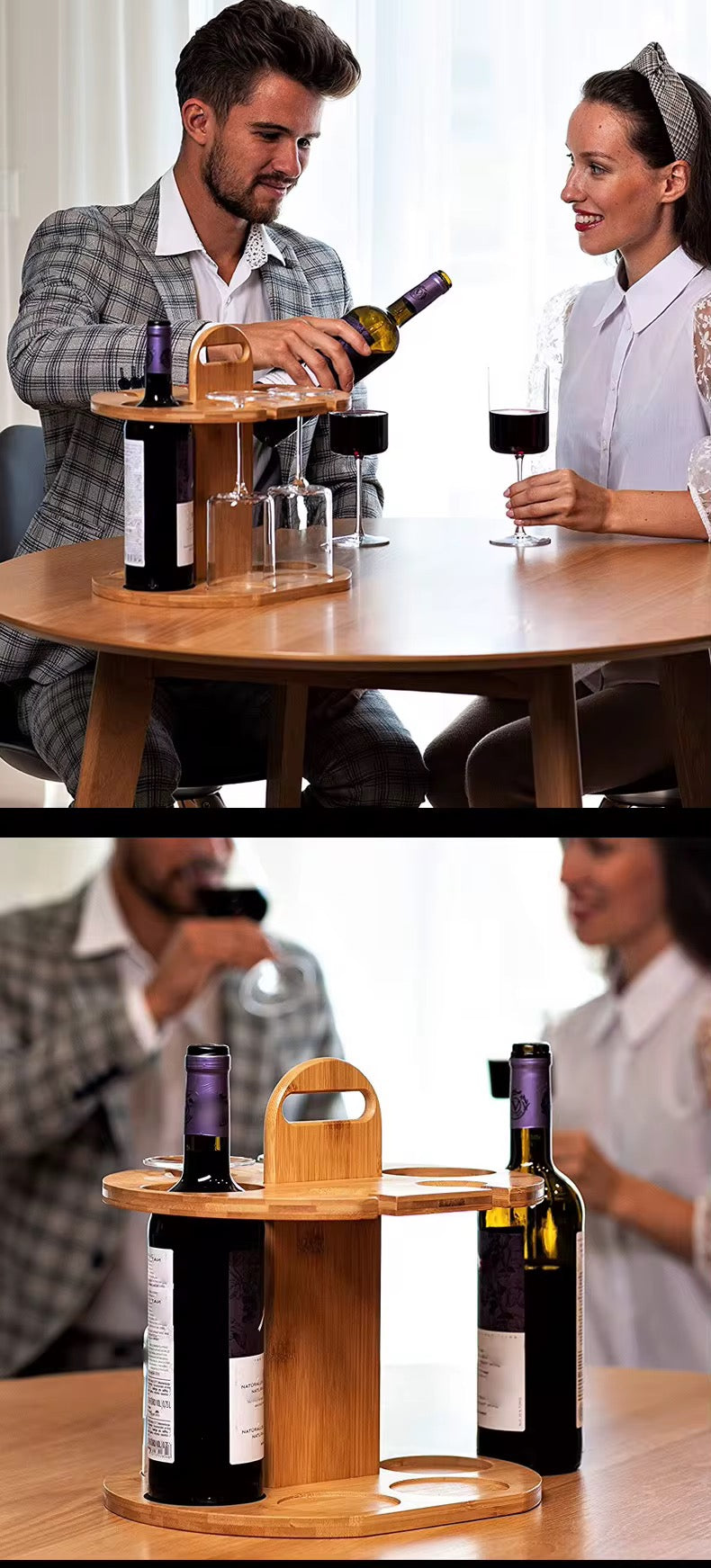 MHome Countertop Bamboo Wine Glass Rack – Holds 4 Glasses & 2 Bottles