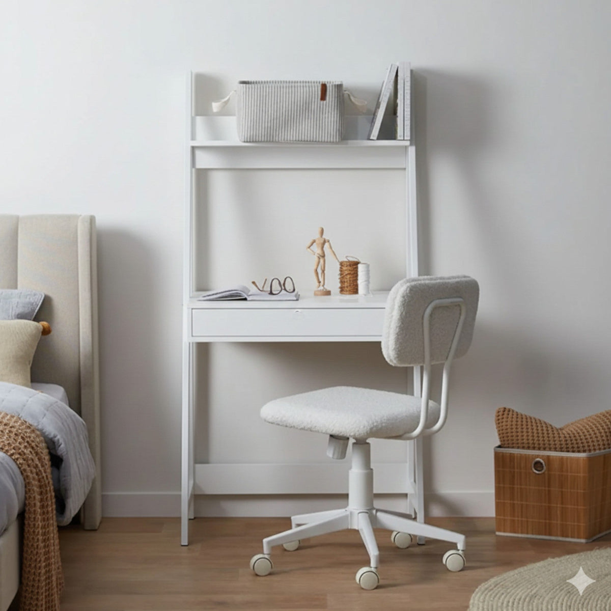 MFurn Modern Ladder Study Desk With Shelf – Wood & White Metal Frame