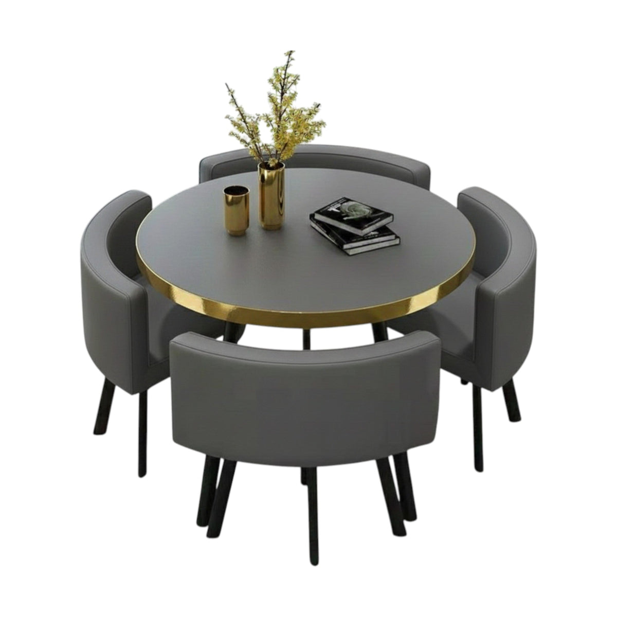 MFurn Modern Nordic Round Dining Table Set – 5pc Marble Look MDF Table with 4 PU Leather Chairs