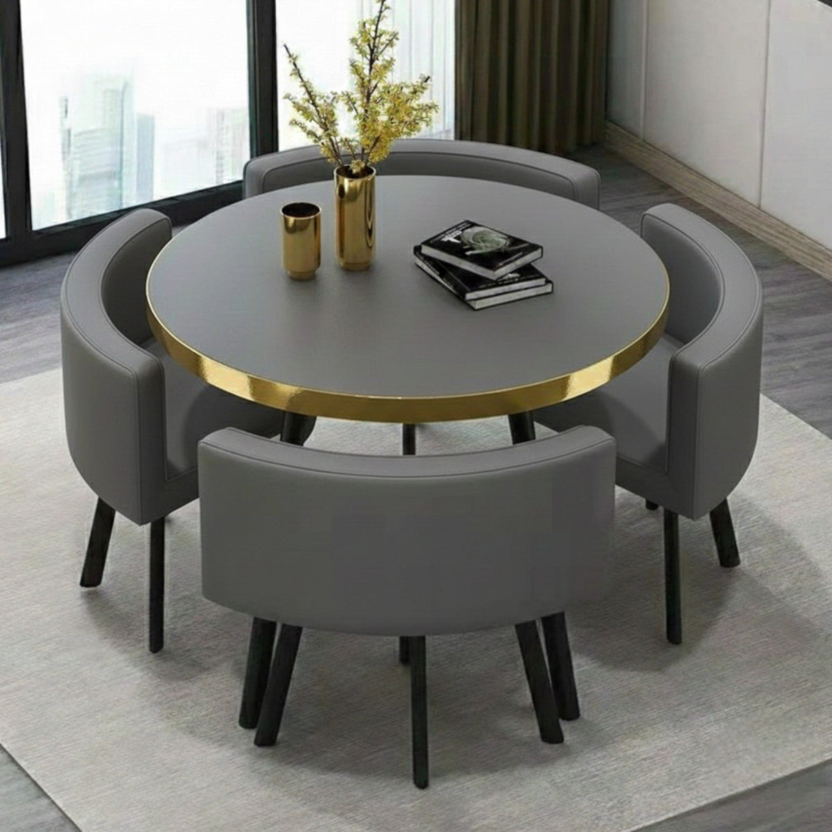 MFurn Modern Nordic Round Dining Table Set – 5pc Marble Look MDF Table with 4 PU Leather Chairs