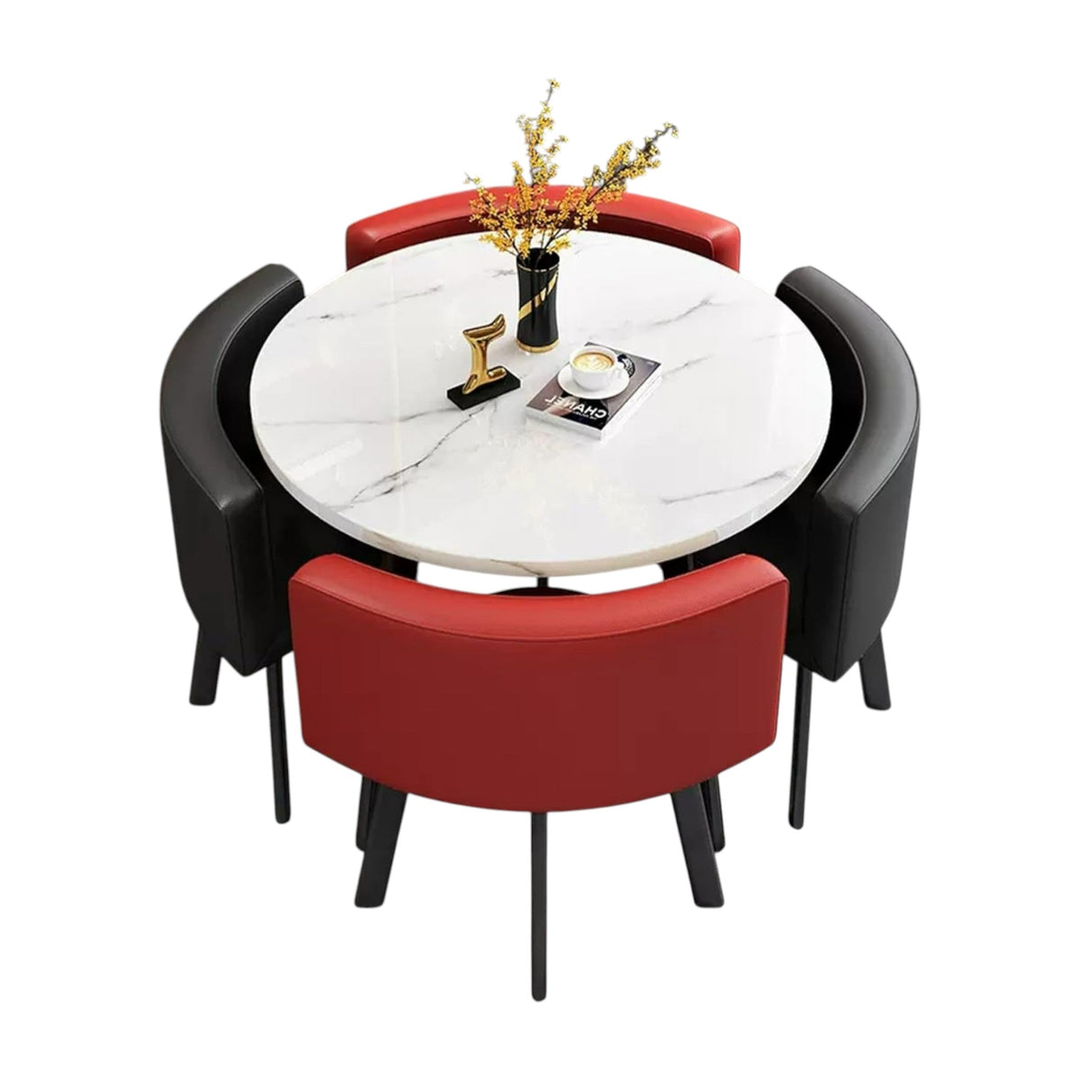 MFurn Modern Nordic Round Dining Table Set – 5pc Marble Look MDF Table with 4 PU Leather Chairs