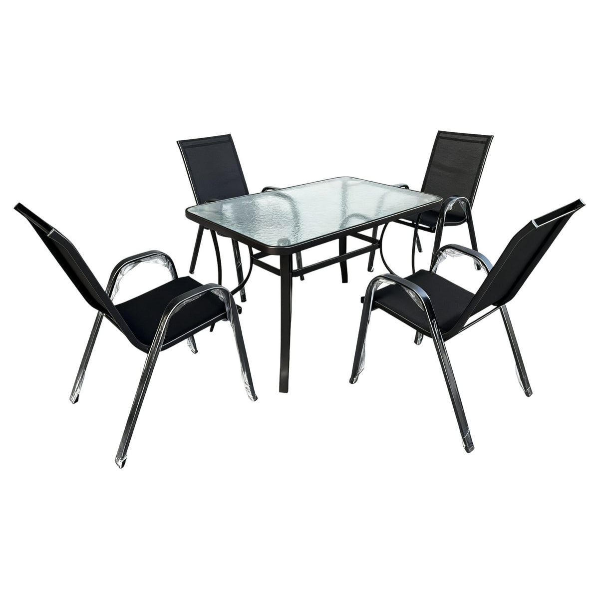 MFurn Leah Inspired 6pc Outdoor Dining Set – Patio Table, Chairs & Umbrella All-Weather Textilene Garden Furniture