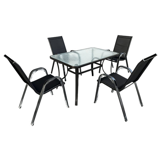 MFurn Leah Inspired 6pc Outdoor Dining Set – Patio Table, Chairs & Umbrella All-Weather Textilene Garden Furniture