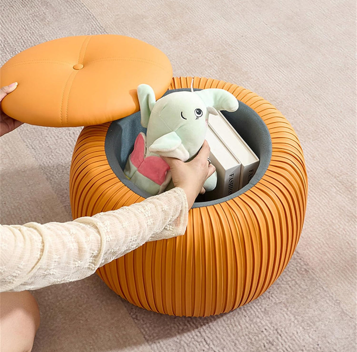 Round Ottoman with Storage, Round Shoe Storage Ottoman, Ottoman Footstool, Upholstered Round Foot Rest Coffee Table Padded Seat for Living Room Bedroom