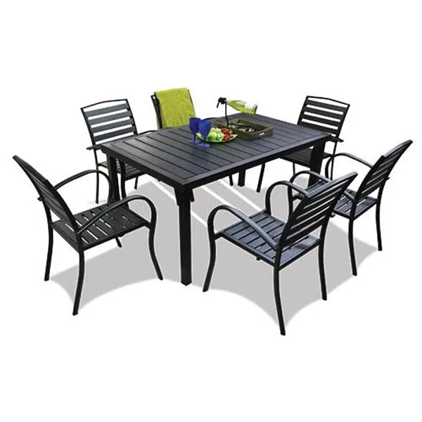 MFurn Outdoor Dining Rectangular Plastic Wood Table With 6 Chairs 7pc Set