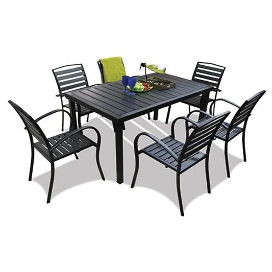 MFurn Outdoor Dining Rectangular Plastic Wood Table With 6 Chairs 7pc Set