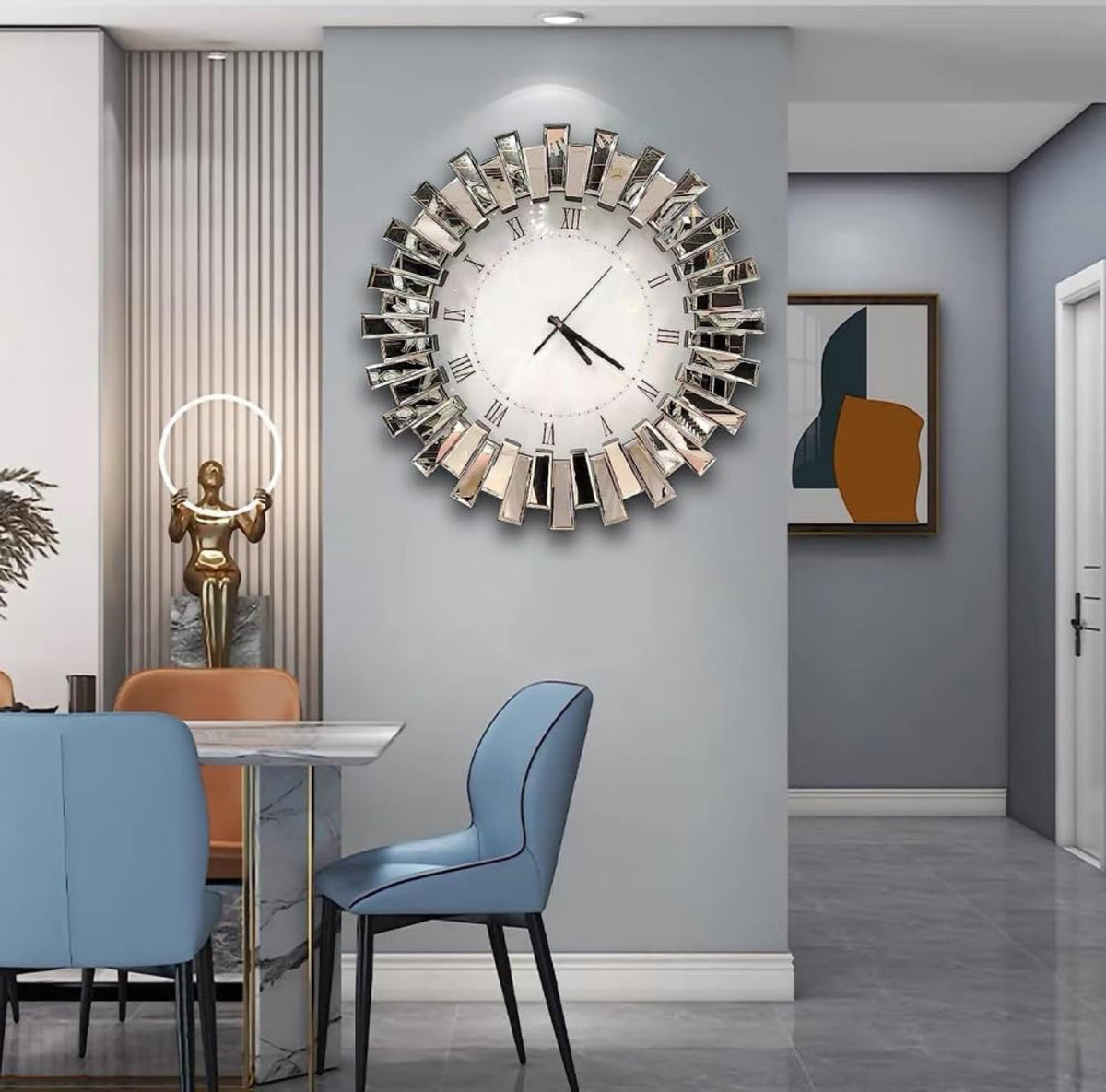 3D Starburst Silver Wall Clock Modern Decorative Clocks with Beveled Glass Frame Luxury Big Clocks for Living Room Decor 60cm