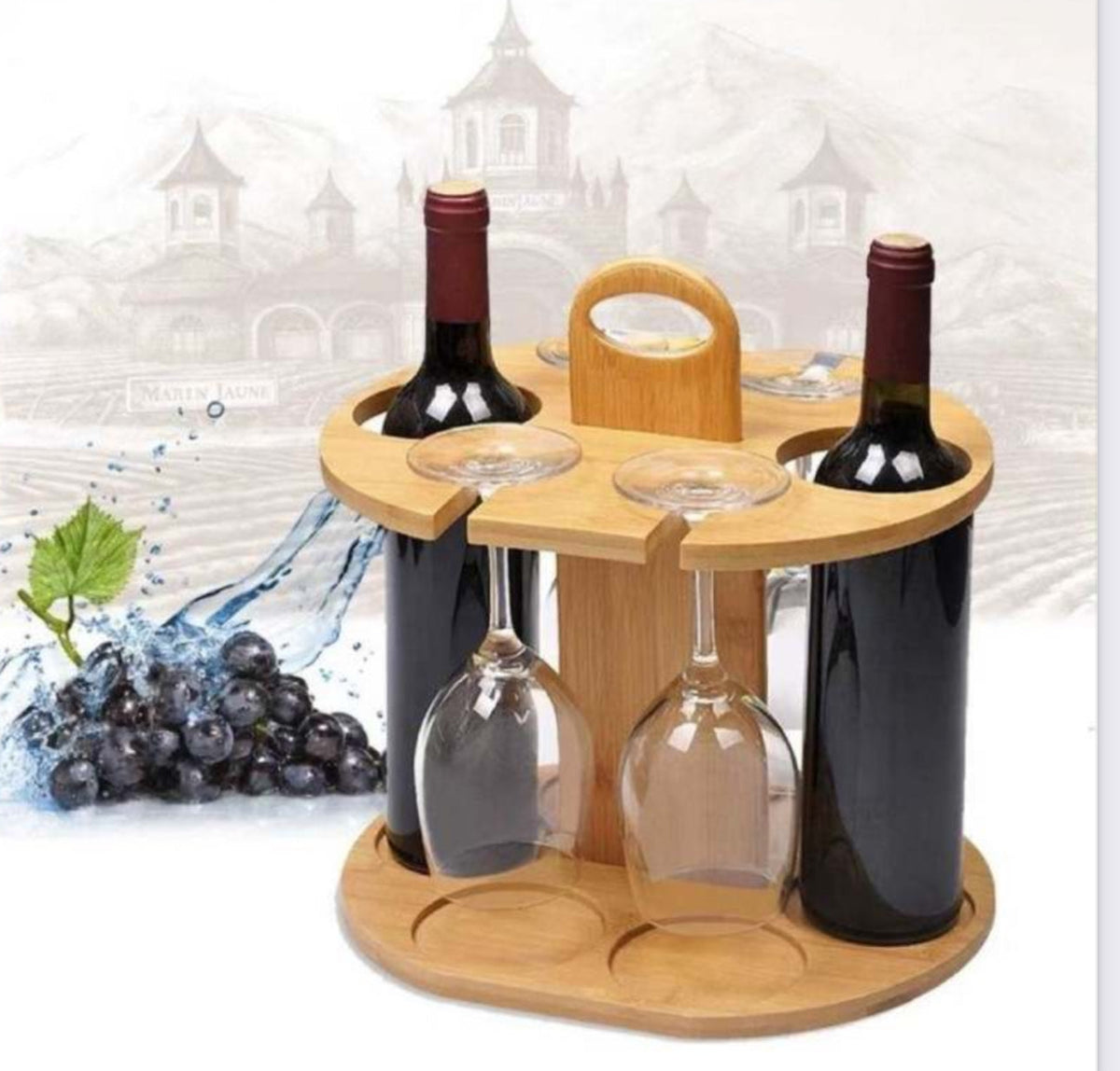 MHome Countertop Bamboo Wine Glass Rack – Holds 4 Glasses & 2 Bottles