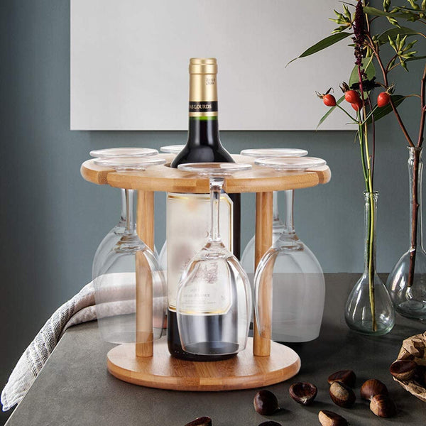 MHome Countertop Bamboo Wine Glass Rack – Holds 4 Glasses & 2 Bottles