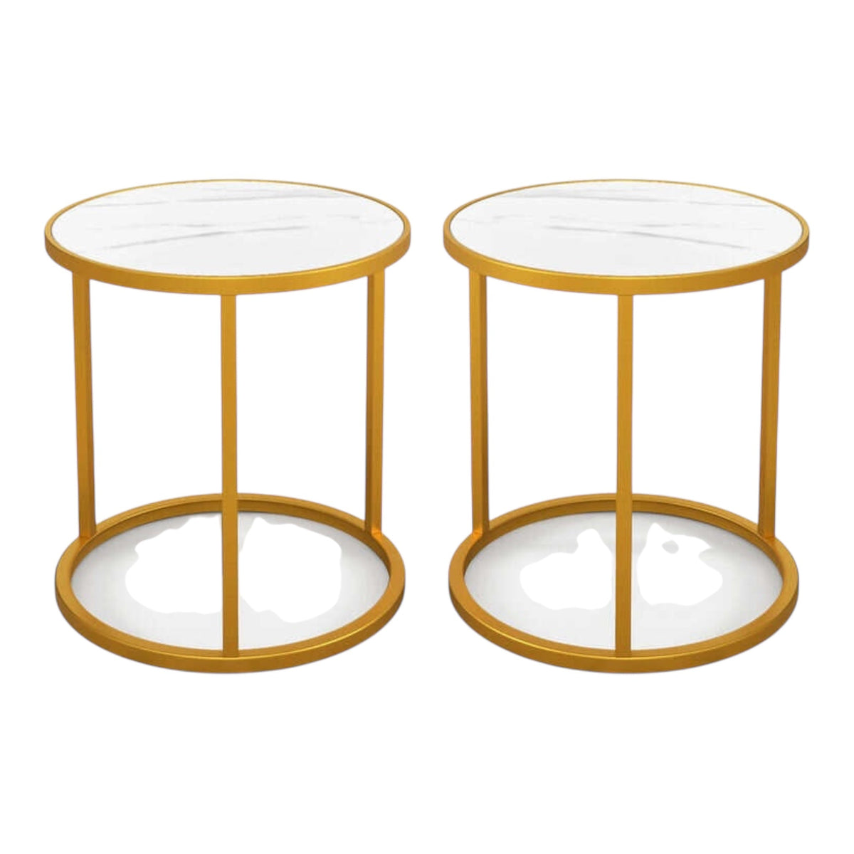 MFurn Marble Top Round Side Table End Table with Golden Metal Frame-Set of 2
