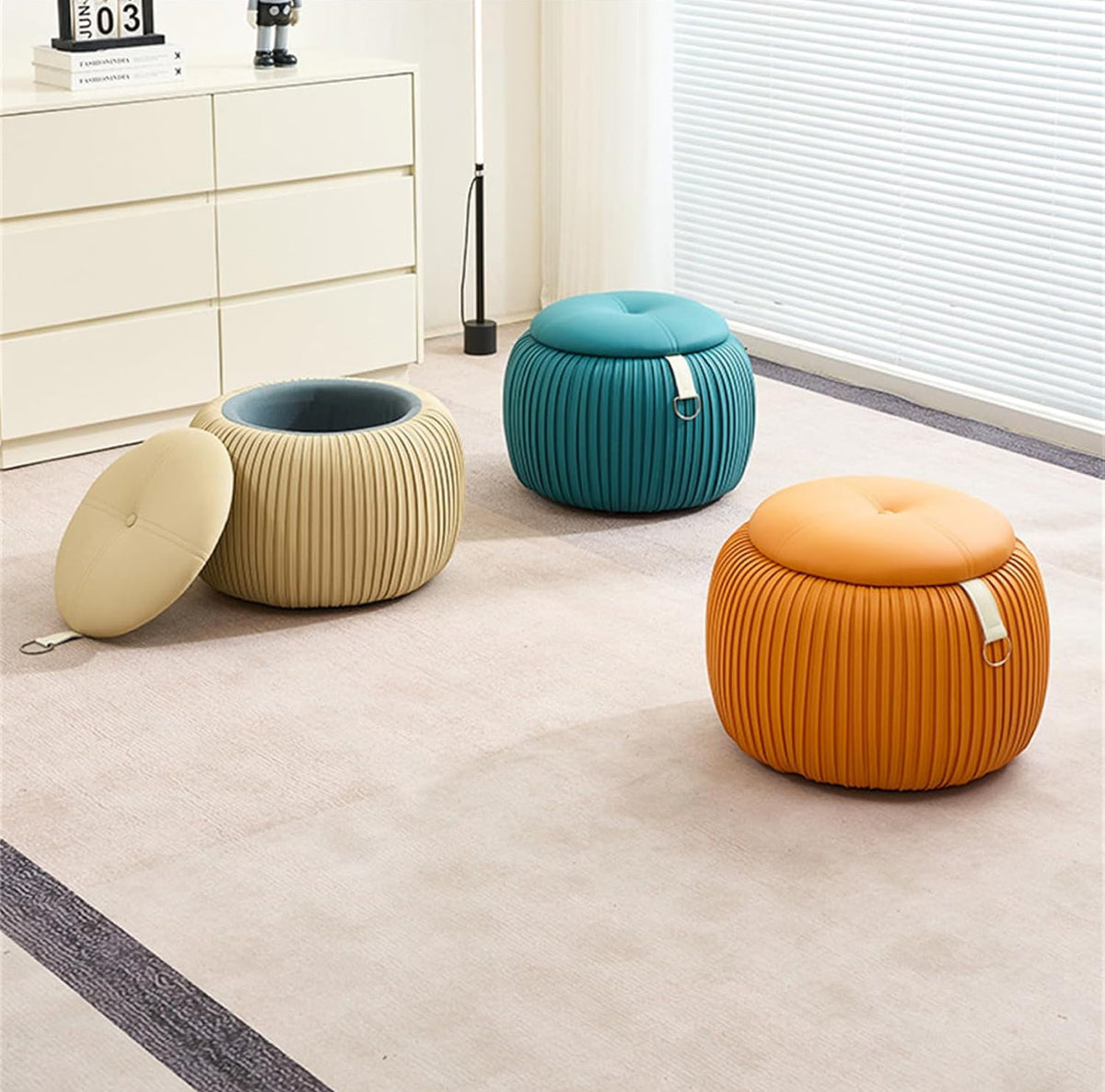 Round Ottoman with Storage, Round Shoe Storage Ottoman, Ottoman Footstool, Upholstered Round Foot Rest Coffee Table Padded Seat for Living Room Bedroom
