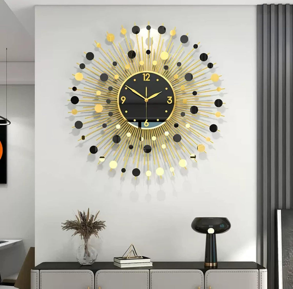 Classic Sun Burst Metal Wall Clock Living Room Decoration Silent Battery Operated Clock,60 x 60 cm