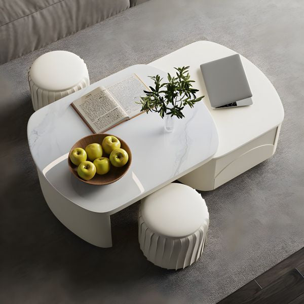 MFurn  Extendable Coffee Table for Living Room,with 2 Storage Stools and 2 Drawers, White.
