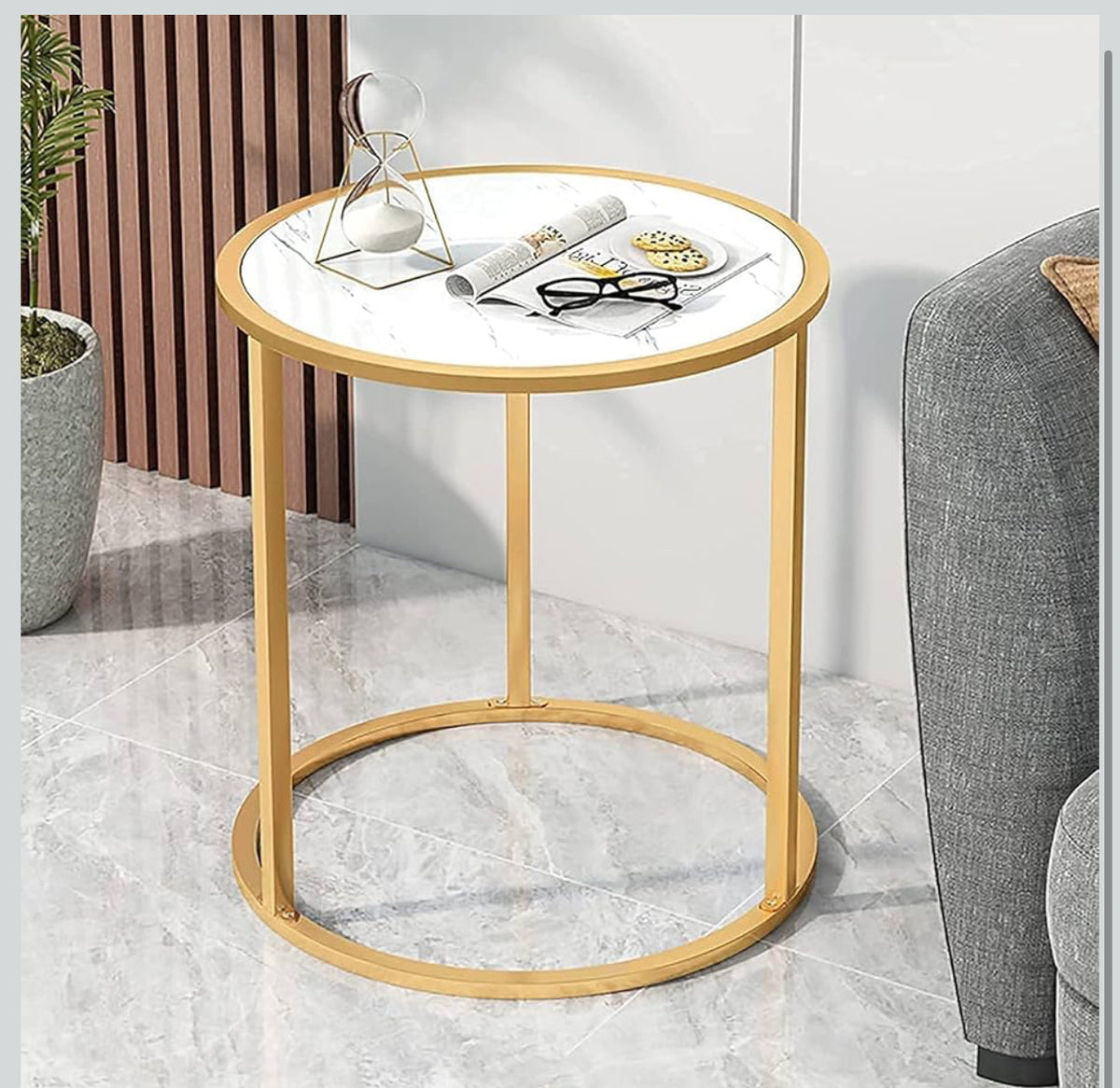 MFurn Marble Top Round Side Table End Table with Golden Metal Frame-Set of 2