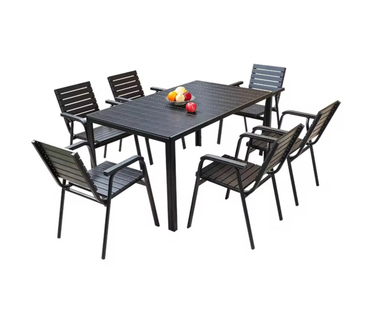 MFurn Outdoor Dining Rectangular Plastic Wood Table With 6 Chairs 7pc Set