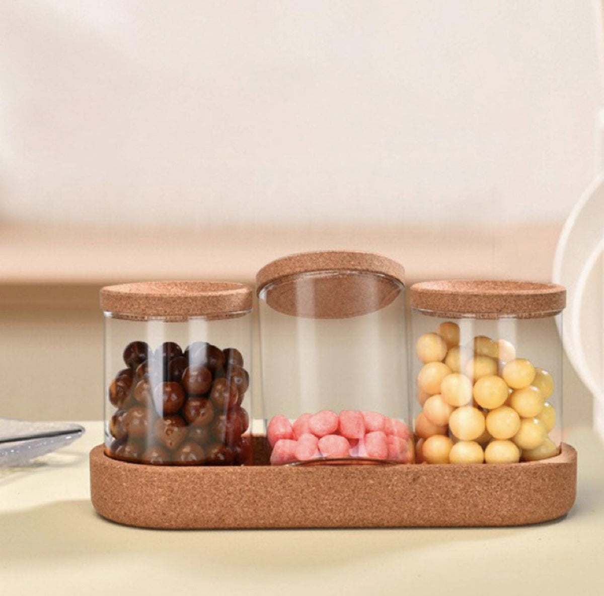 MHome 4-Pack Glass Jars with Cork Lids & Base – Multipurpose Organizer & Storage Canister Set