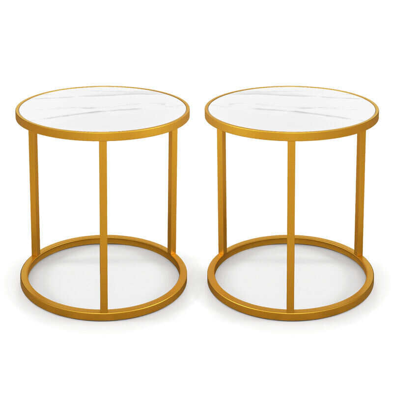 MFurn Marble Top Round Side Table End Table with Golden Metal Frame-Set of 2