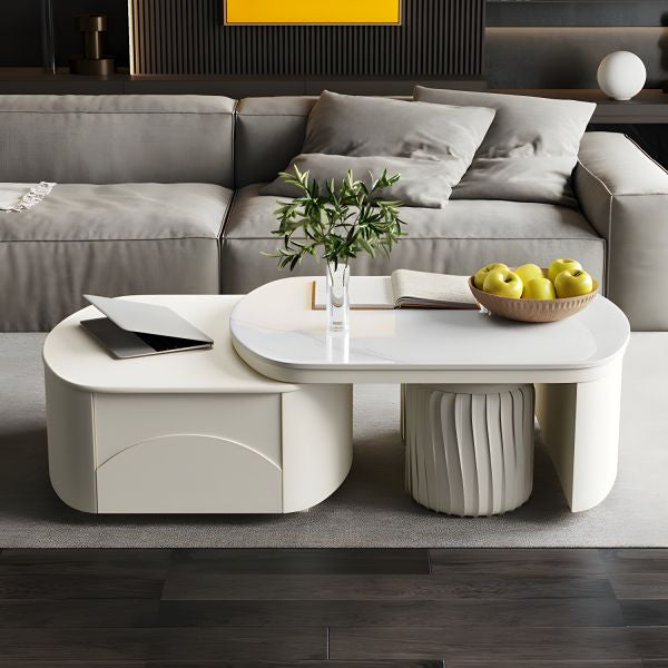 MFurn  Extendable Coffee Table for Living Room,with 2 Storage Stools and 2 Drawers, White.
