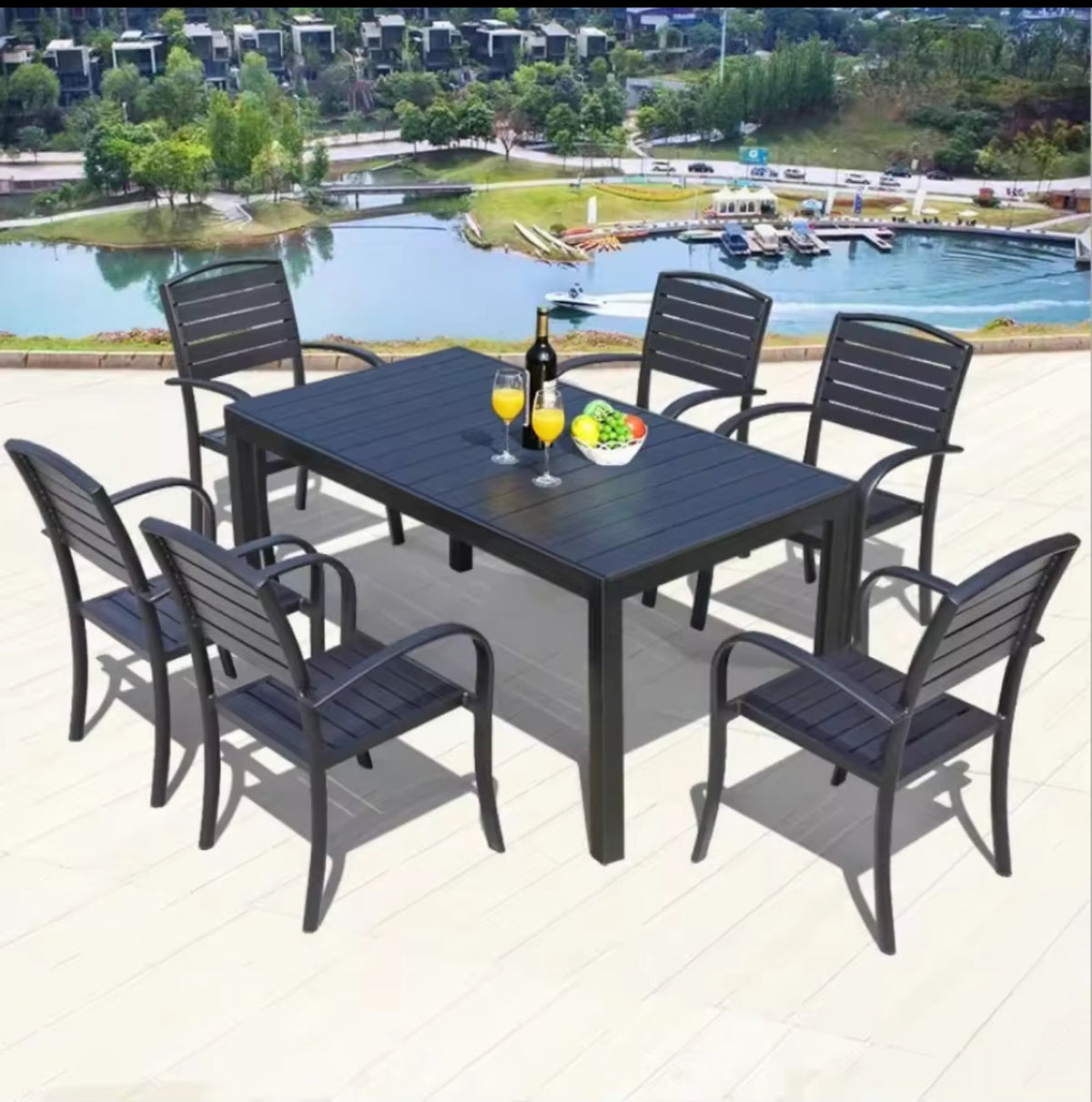 MFurn Outdoor Dining Rectangular Plastic Wood Table With 6 Chairs 7pc Set