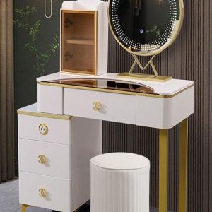 Dressing Table with 3-Color Adjustable LED Lights Mirror, Modern Makeup Desk with 4 Drawers Wooden Detachable Vanity Table Stool Set for Bedroom Furniture for Girls