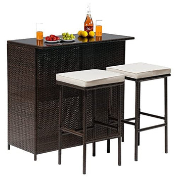 MFurn Cassy 3pc Wicker Outdoor Patio Bar Set with Glass Top & Cushions