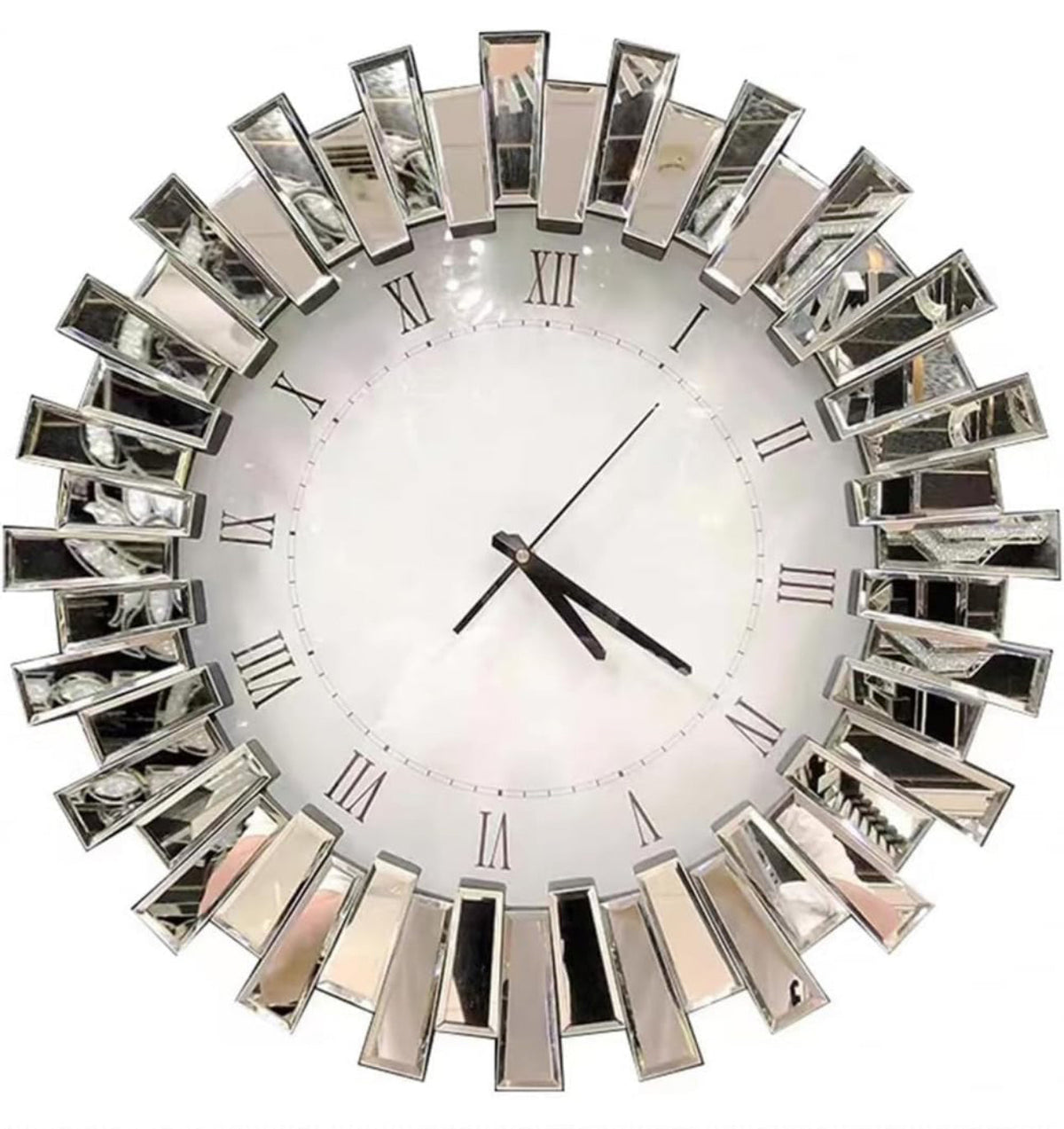 3D Starburst Silver Wall Clock Modern Decorative Clocks with Beveled Glass Frame Luxury Big Clocks for Living Room Decor 60cm
