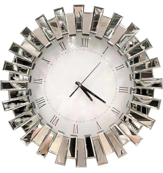 3D Starburst Silver Wall Clock Modern Decorative Clocks with Beveled Glass Frame Luxury Big Clocks for Living Room Decor 60cm