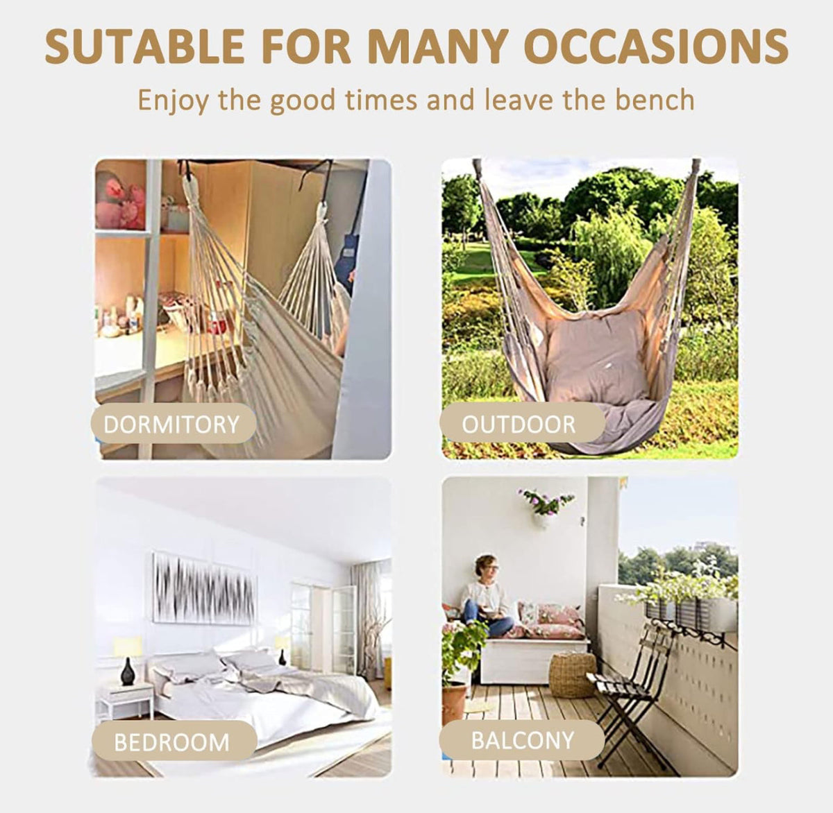 Hammock Chair Swing Removable Support Rod, Hanging Hardware Kit, with Side Pockets for Indoor and Outdoor Home Bedroom