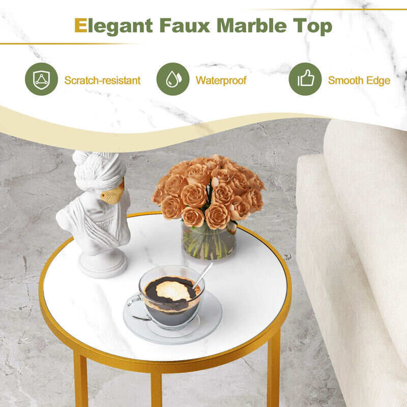 MFurn Marble Top Round Side Table End Table with Golden Metal Frame-Set of 2
