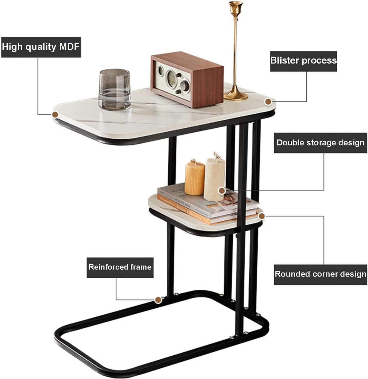 MFurn C-Shaped Double-Layer Side Table – Modern Coffee Table for Sofa Or Bed