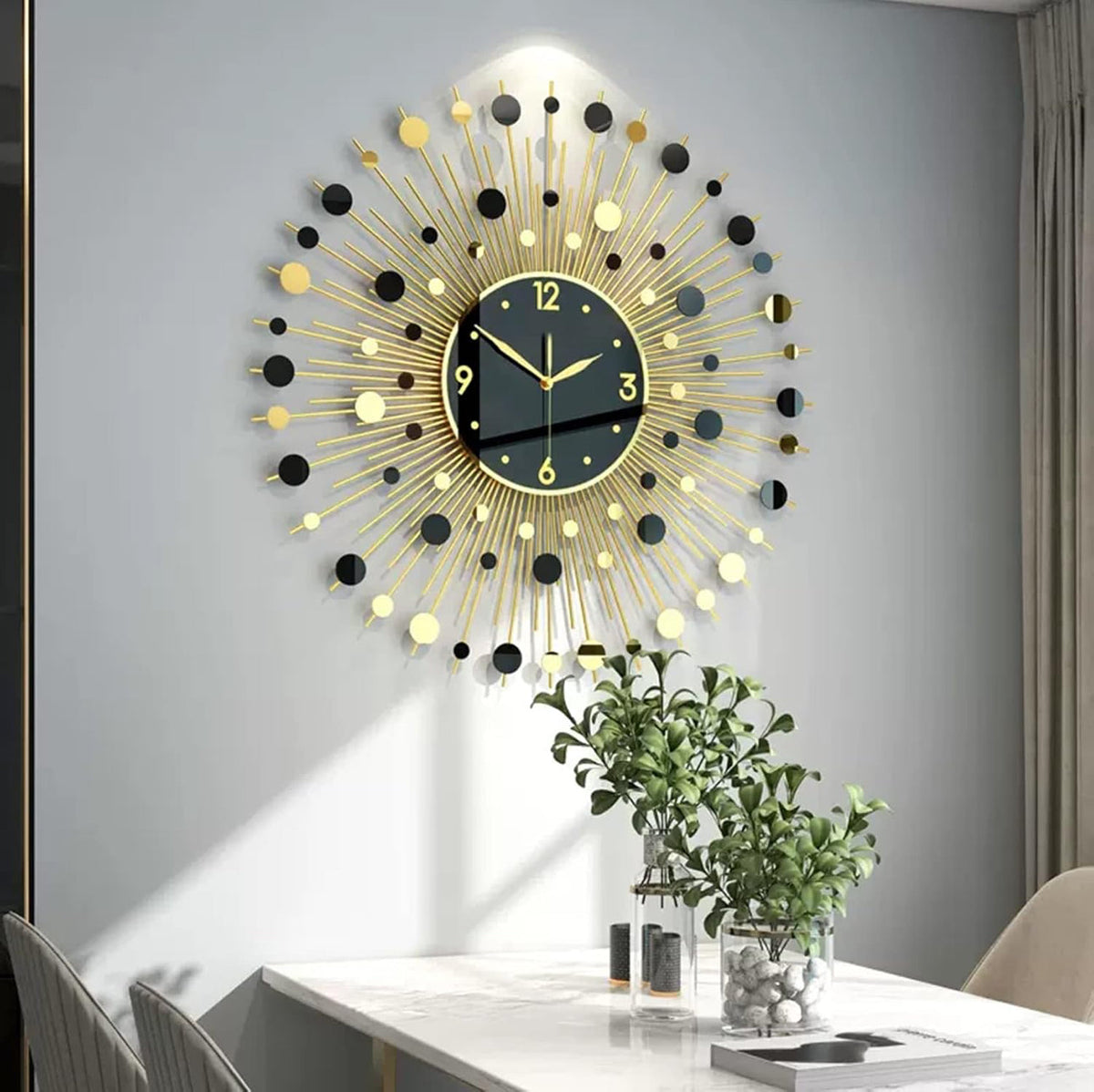 Classic Sun Burst Metal Wall Clock Living Room Decoration Silent Battery Operated Clock,60 x 60 cm
