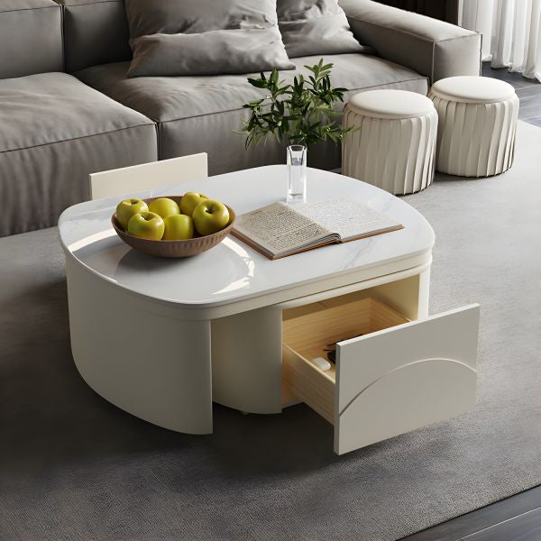 MFurn  Extendable Coffee Table for Living Room,with 2 Storage Stools and 2 Drawers, White.