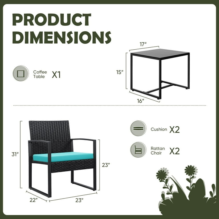 MFurn Gigi 3-Piece Patio/Bistro Rattan Rocking Chair Set with Cushions and Glass Table